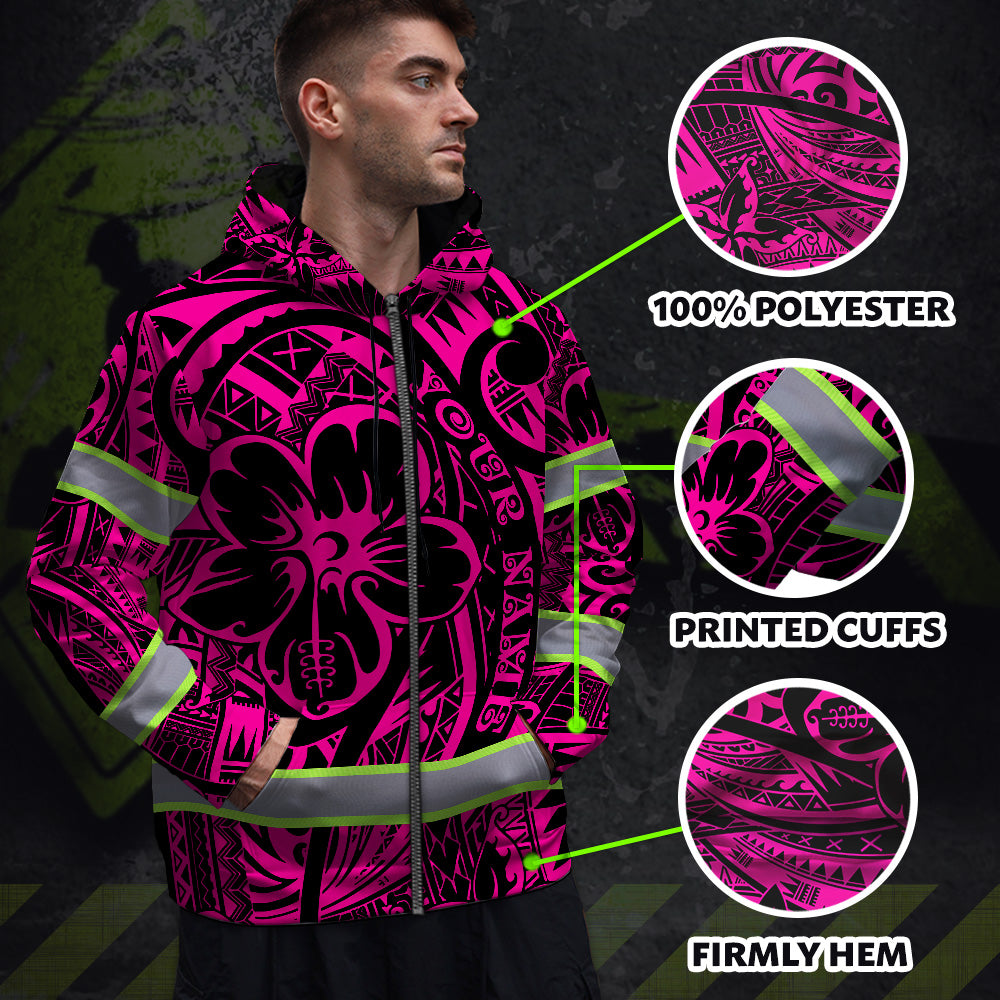 Hi Vis Zip Hoodie Reflective Tapes Pink Flower Hawaiian Polynesian Tribal Custom