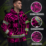 Hi Vis Zip Hoodie Reflective Tapes Pink Flower Hawaiian Polynesian Tribal Custom