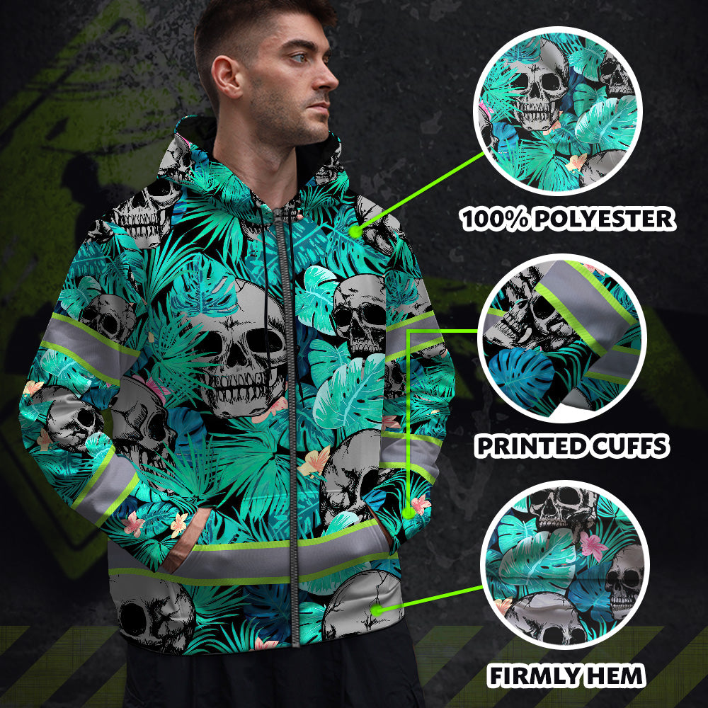 Reflective Hi Vis Mint Neon Skull Zip Hoodie - Safety Workwear