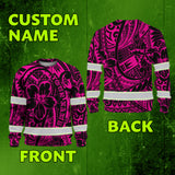 Hi Vis Long Sleeve Shirt Shirt Reflective Tapes Pink Flower Hawaiian Polynesian Tribal Custom Name Safety Workwear For Workers, Runners, Cyclists