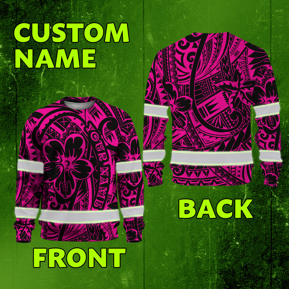 Hi Vis Long Sleeve Shirt Shirt Reflective Tapes Pink Flower Hawaiian Polynesian Tribal Custom Name Safety Workwear For Workers, Runners, Cyclists