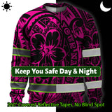Hi Vis Long Sleeve Shirt Shirt Reflective Tapes Pink Flower Hawaiian Polynesian Tribal Custom Name Safety Workwear For Workers, Runners, Cyclists