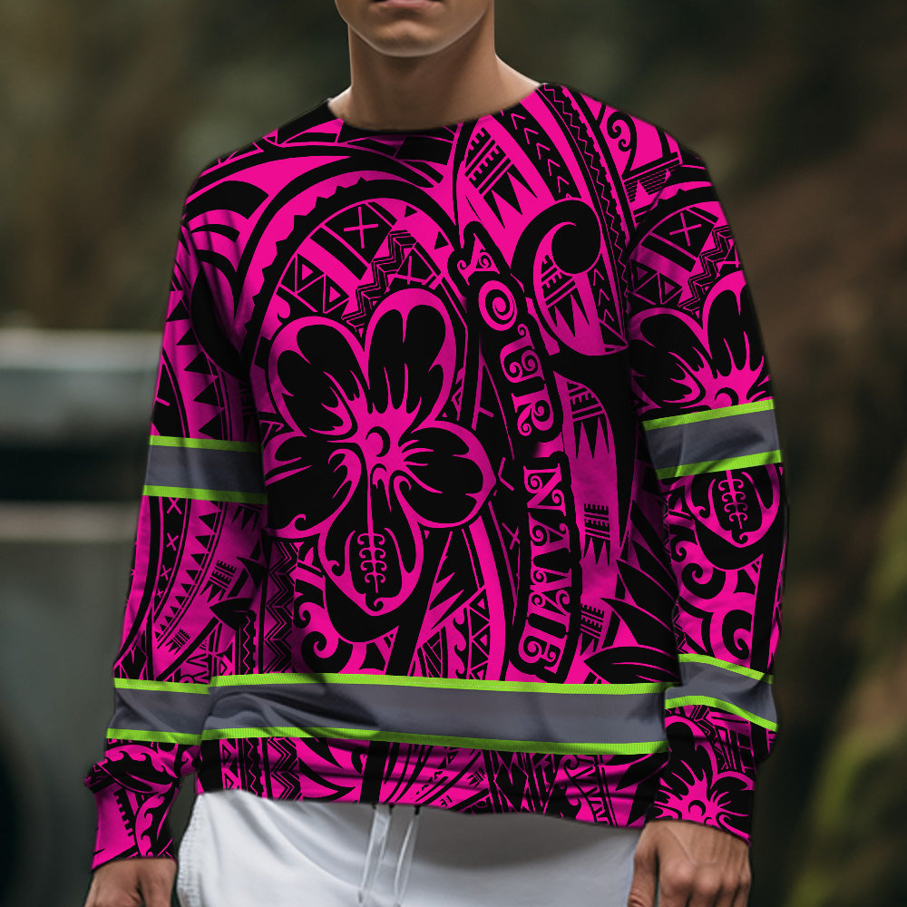 Hi Vis Long Sleeve Shirt Shirt Reflective Tapes Pink Flower Hawaiian Polynesian Tribal Custom Name Safety Workwear For Workers, Runners, Cyclists