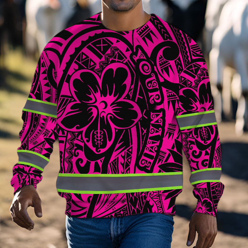 Hi Vis Long Sleeve Shirt Shirt Reflective Tapes Pink Flower Hawaiian Polynesian Tribal Custom Name Safety Workwear For Workers, Runners, Cyclists