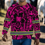 Hi Vis Long Sleeve Shirt Shirt Reflective Tapes Pink Flower Hawaiian Polynesian Tribal Custom Name Safety Workwear For Workers, Runners, Cyclists