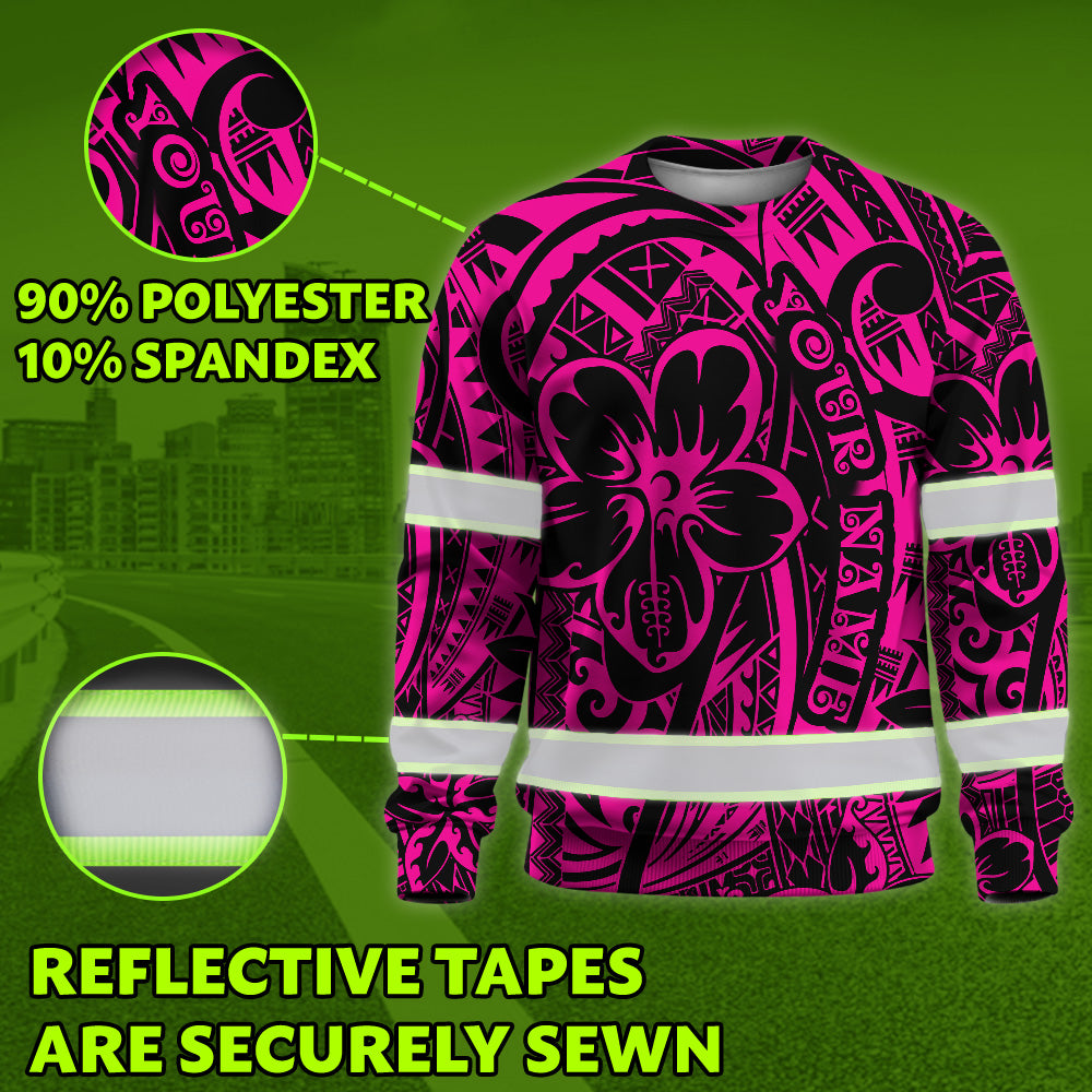 Hi Vis Long Sleeve Shirt Shirt Reflective Tapes Pink Flower Hawaiian Polynesian Tribal Custom Name Safety Workwear For Workers, Runners, Cyclists