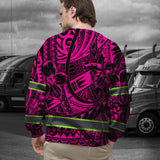 Hi Vis Long Sleeve Shirt Shirt Reflective Tapes Pink Flower Hawaiian Polynesian Tribal Custom Name Safety Workwear For Workers, Runners, Cyclists