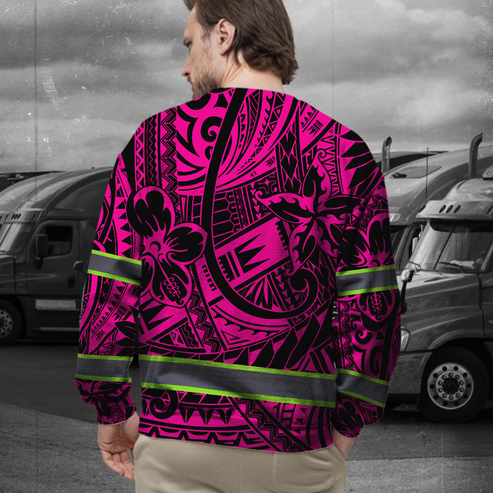 Hi Vis Long Sleeve Shirt Shirt Reflective Tapes Pink Flower Hawaiian Polynesian Tribal Custom Name Safety Workwear For Workers, Runners, Cyclists