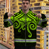 Hi Vis Zip Hoodie Reflective Tapes Octopus Hawaiian Polynesian Tribal Custom
