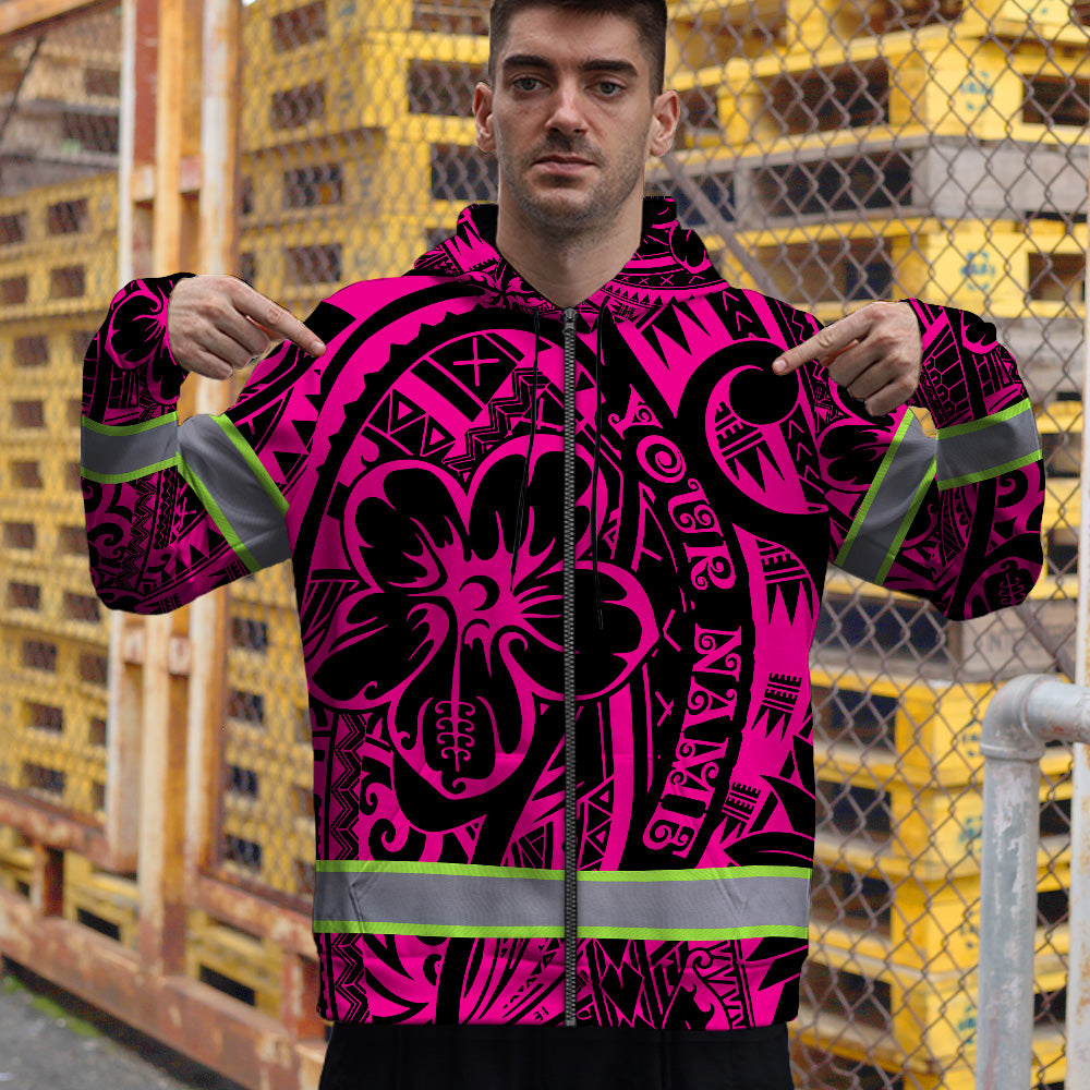 Hi Vis Zip Hoodie Reflective Tapes Pink Flower Hawaiian Polynesian Tribal Custom