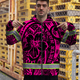 Hi Vis Zip Hoodie Reflective Tapes Pink Flower Hawaiian Polynesian Tribal Custom