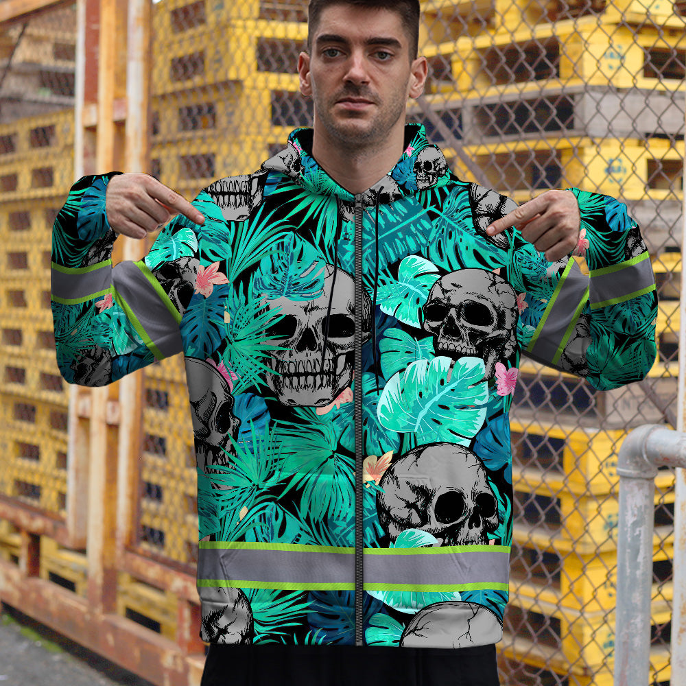 Reflective Hi Vis Mint Neon Skull Zip Hoodie - Safety Workwear