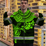 Hi Vis Zip Hoodie Reflective Tapes Green Turtle Flower Hawaiian Polynesian