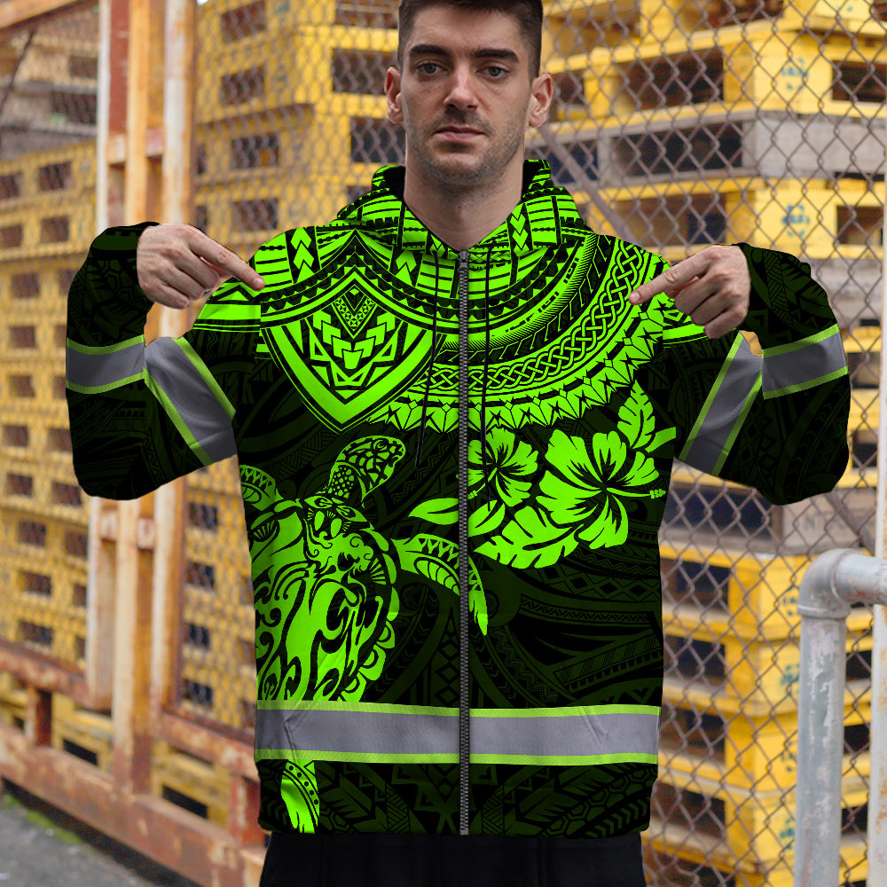 Hi Vis Zip Hoodie Reflective Tapes Green Turtle Flower Hawaiian Polynesian