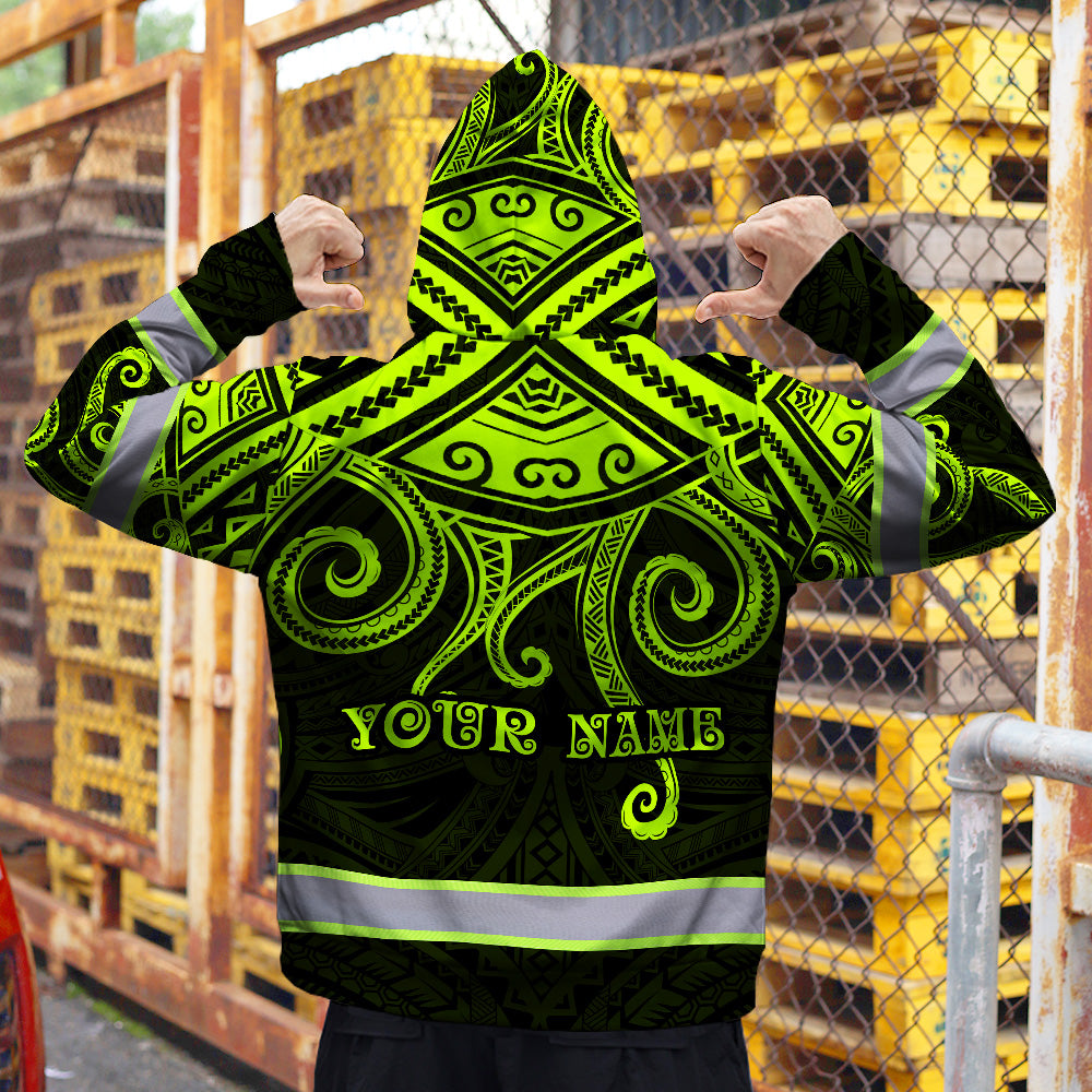 Hi Vis Zip Hoodie Reflective Tapes Octopus Hawaiian Polynesian Tribal Custom