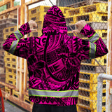 Hi Vis Zip Hoodie Reflective Tapes Pink Flower Hawaiian Polynesian Tribal Custom