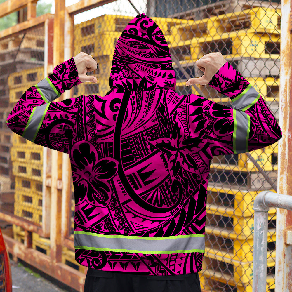 Hi Vis Zip Hoodie Reflective Tapes Pink Flower Hawaiian Polynesian Tribal Custom
