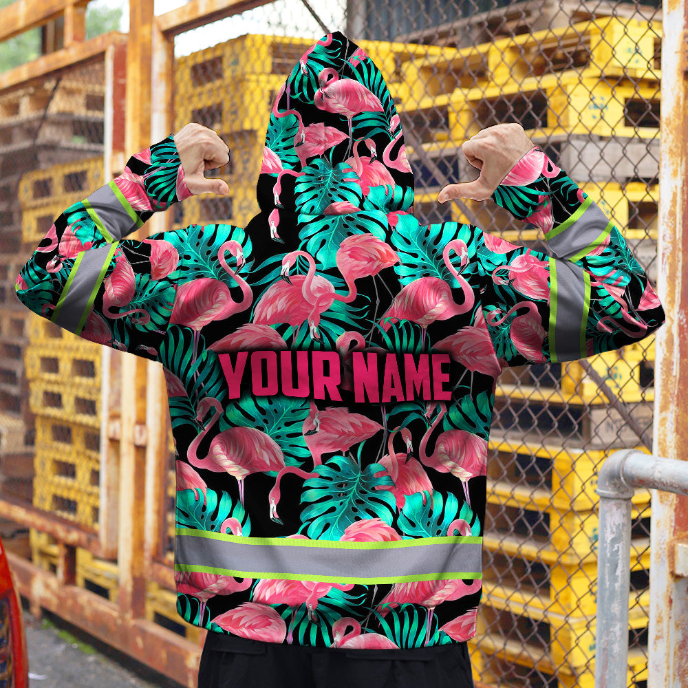 Hi Vis Zip Hoodie Reflective Tapes Pink Flamingo Flower Hawaiian Custom Name