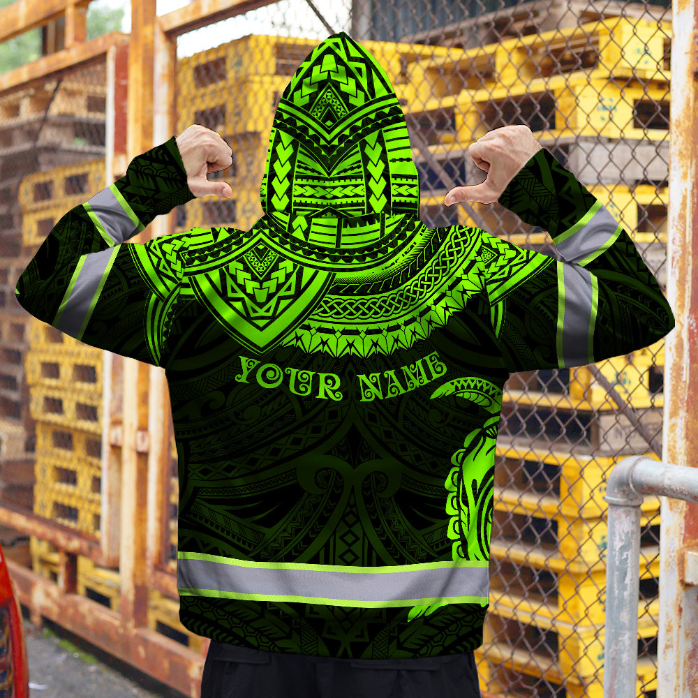 Hi Vis Zip Hoodie Reflective Tapes Green Turtle Flower Hawaiian Polynesian