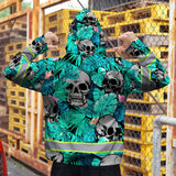 Reflective Hi Vis Mint Neon Skull Zip Hoodie - Safety Workwear