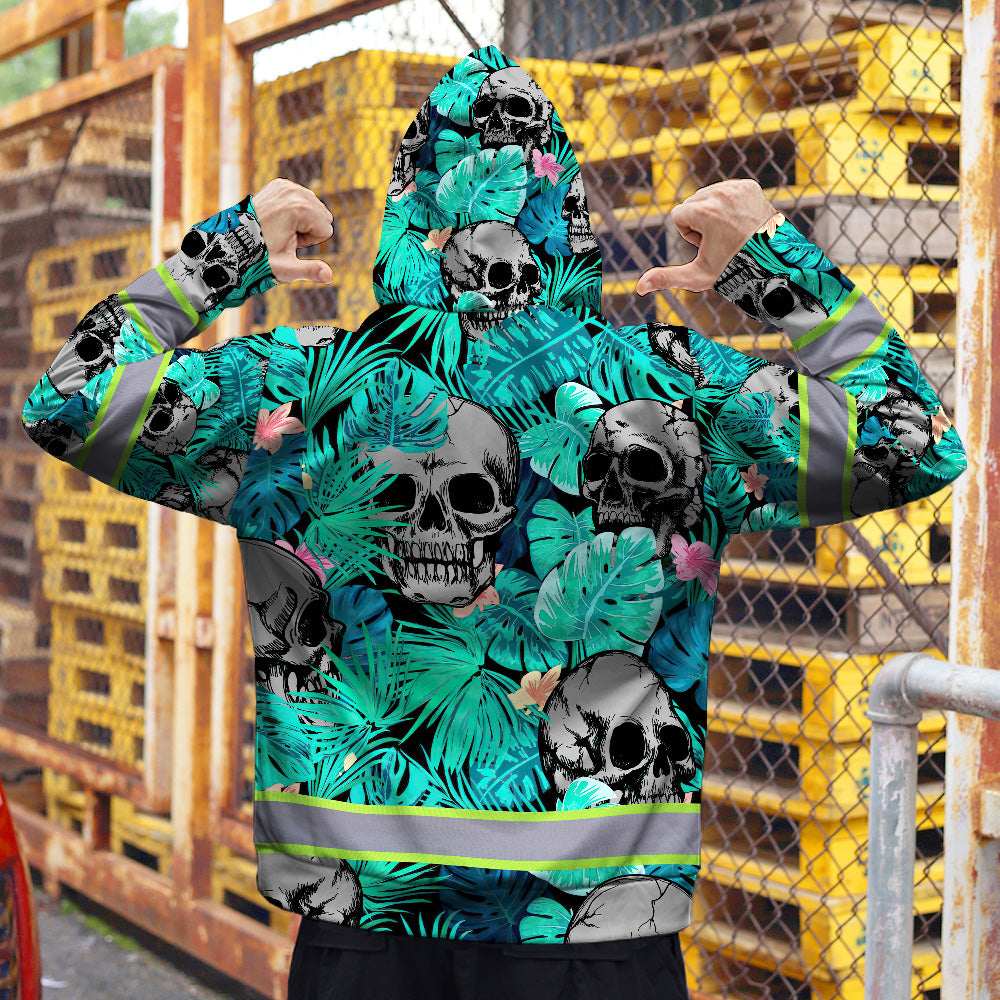 Reflective Hi Vis Mint Neon Skull Zip Hoodie - Safety Workwear