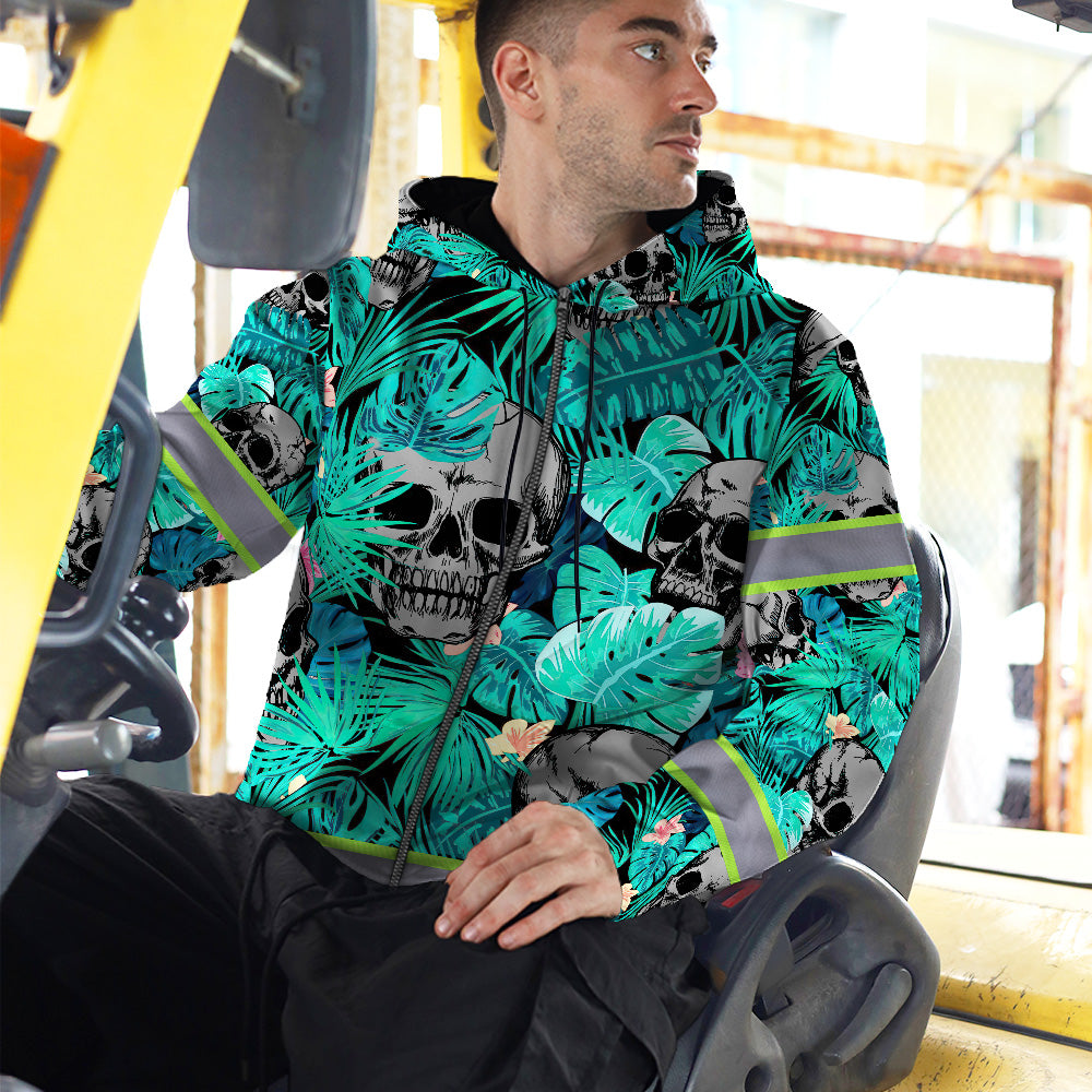 Reflective Hi Vis Mint Neon Skull Zip Hoodie - Safety Workwear