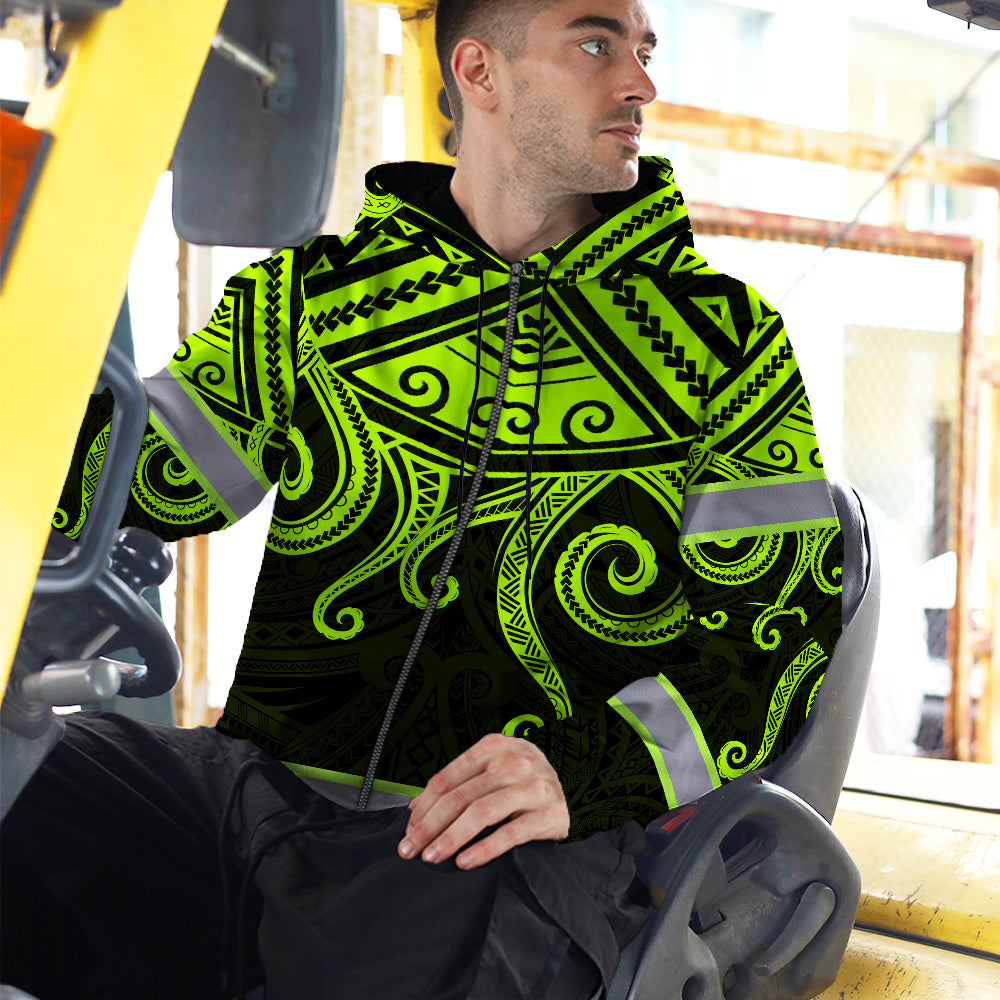 Hi Vis Zip Hoodie Reflective Tapes Octopus Hawaiian Polynesian Tribal Custom