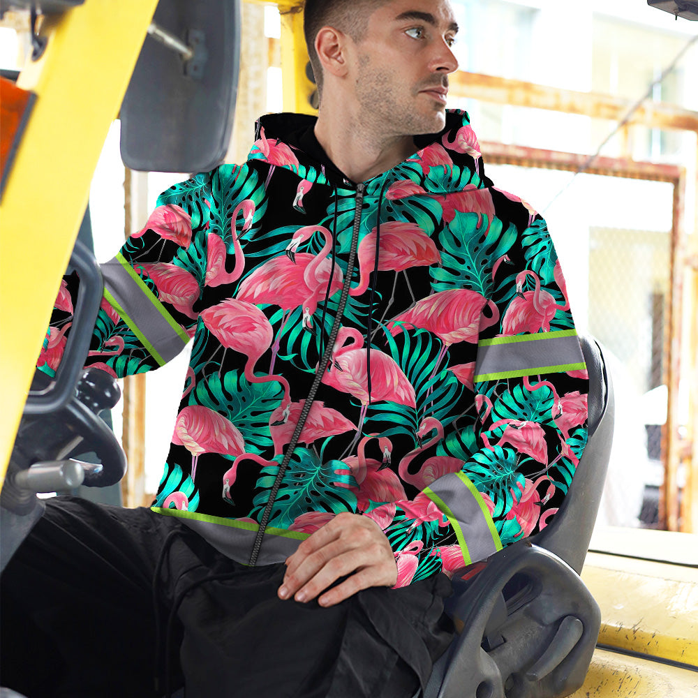 Hi Vis Zip Hoodie Reflective Tapes Pink Flamingo Flower Hawaiian Custom Name