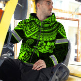 Hi Vis Zip Hoodie Reflective Tapes Green Turtle Flower Hawaiian Polynesian