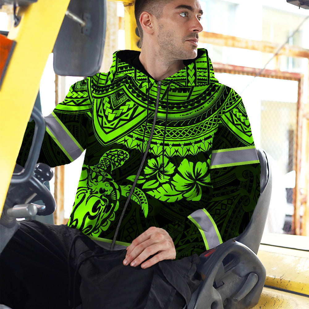 Hi Vis Zip Hoodie Reflective Tapes Green Turtle Flower Hawaiian Polynesian