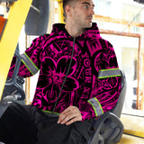 Hi Vis Zip Hoodie Reflective Tapes Pink Flower Hawaiian Polynesian Tribal Custom