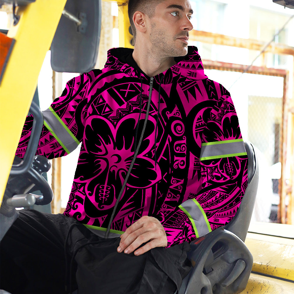 Hi Vis Zip Hoodie Reflective Tapes Pink Flower Hawaiian Polynesian Tribal Custom