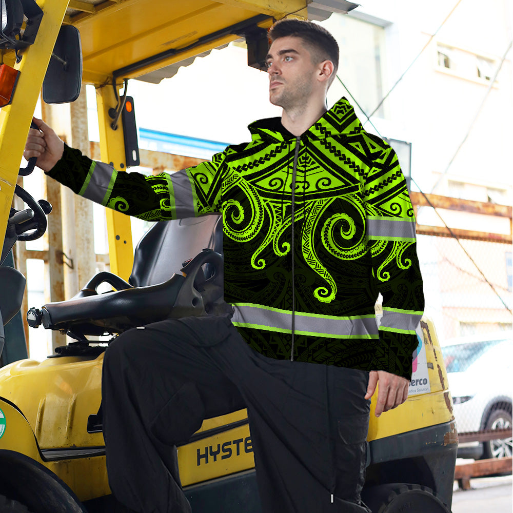 Hi Vis Zip Hoodie Reflective Tapes Octopus Hawaiian Polynesian Tribal Custom