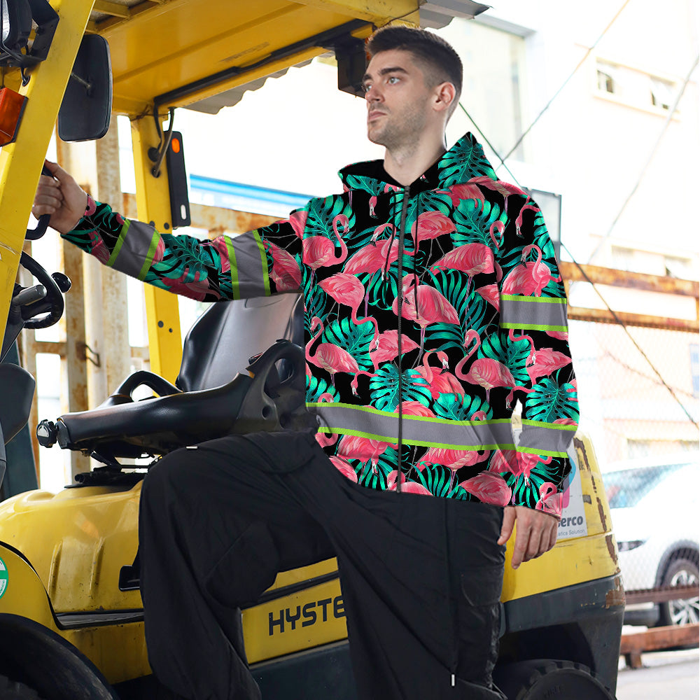 Hi Vis Zip Hoodie Reflective Tapes Pink Flamingo Flower Hawaiian Custom Name