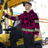 Hi Vis Zip Hoodie Reflective Tapes Pink Flower Hawaiian Polynesian Tribal Custom