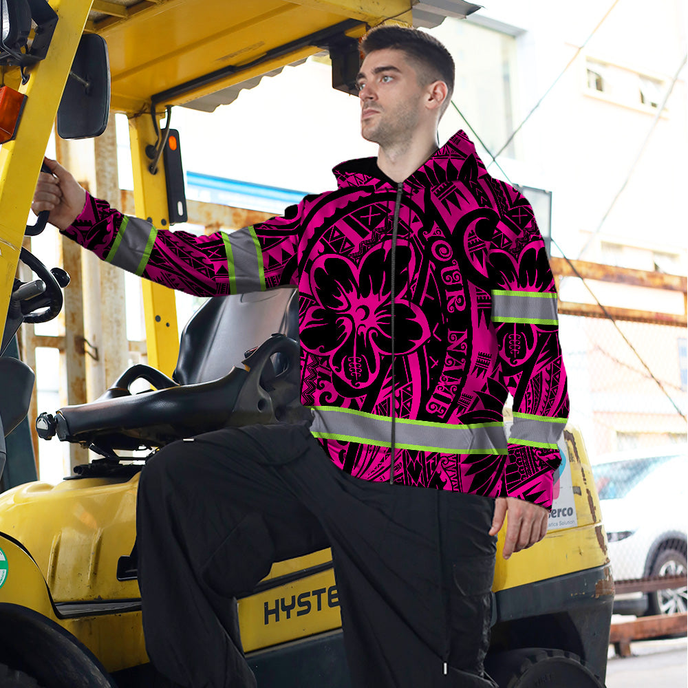 Hi Vis Zip Hoodie Reflective Tapes Pink Flower Hawaiian Polynesian Tribal Custom