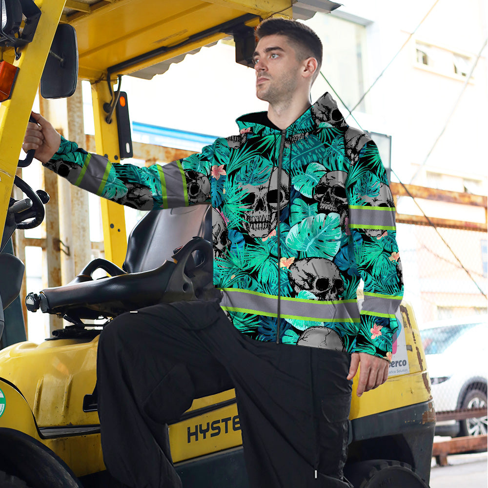 Reflective Hi Vis Mint Neon Skull Zip Hoodie - Safety Workwear