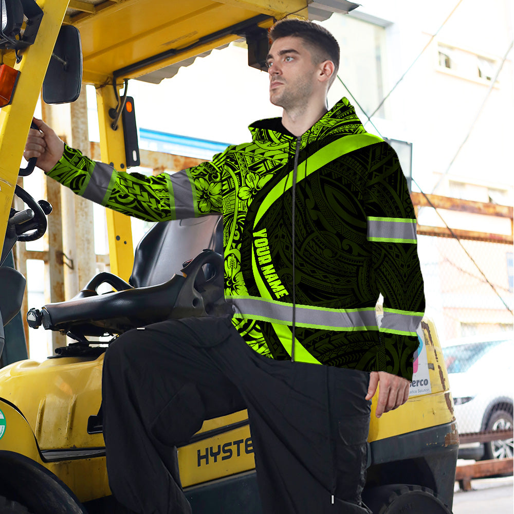 Hi Vis Zip Hoodie Reflective Tapes Hawaiian Polynesian Tribal Custom Name