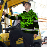 Hi Vis Zip Hoodie Reflective Tapes Green Turtle Flower Hawaiian Polynesian