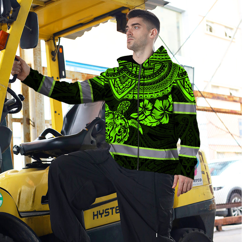 Hi Vis Zip Hoodie Reflective Tapes Green Turtle Flower Hawaiian Polynesian