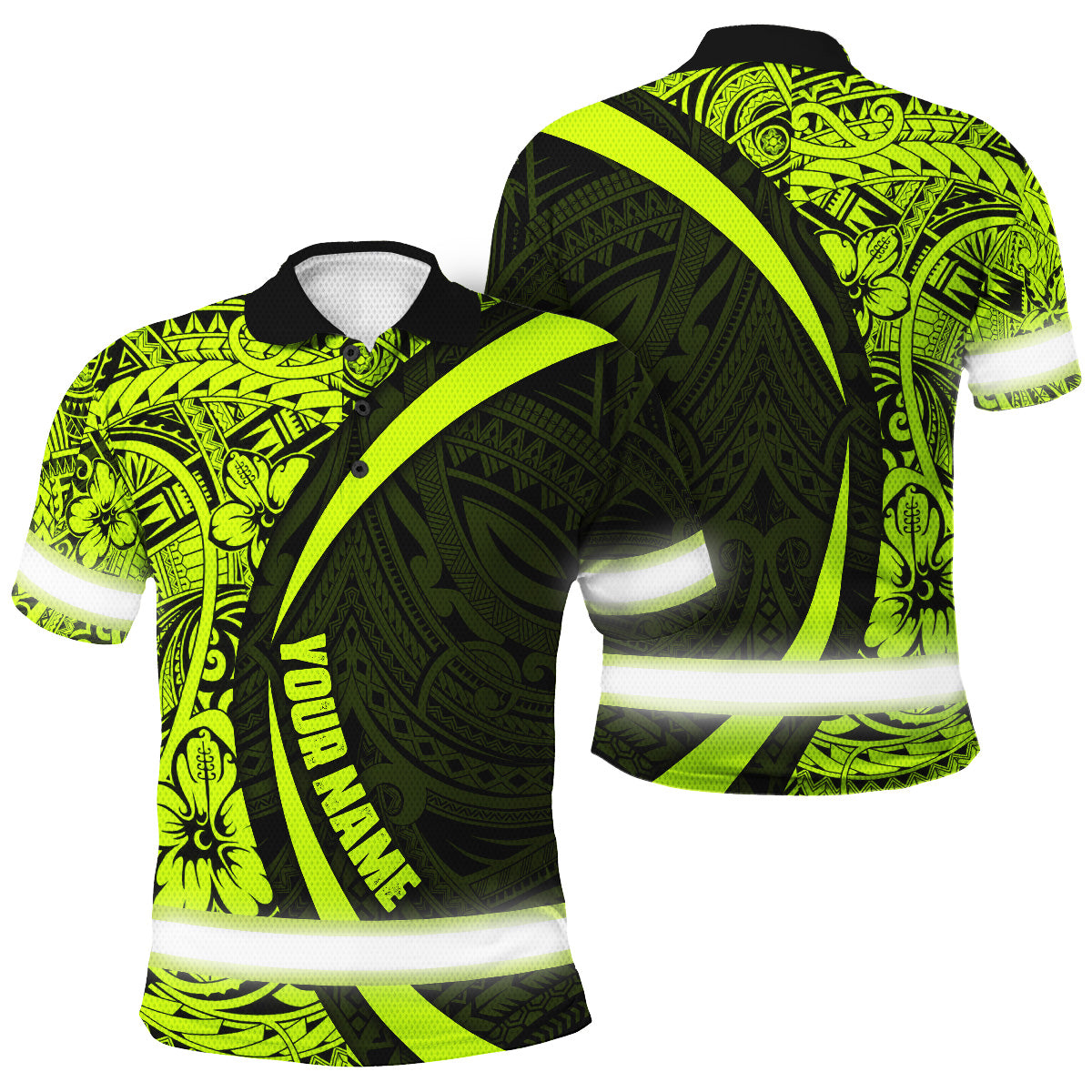 Hi Vis Polo Shirt Tapes Hawaiian Polynesian Tribal Custom Name Safety Workwear
