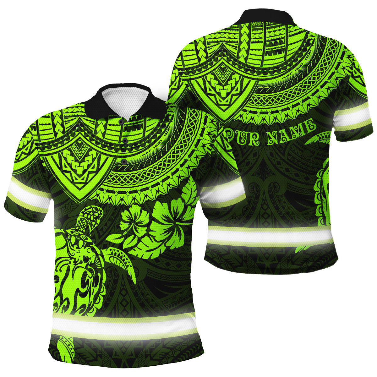 Hi Vis Polo Shirts Reflective Tapes Green Turtle Flower Hawaiian Polynesian Tribal Custom Name Safety Workwear For Workers, Runners, Cyclists