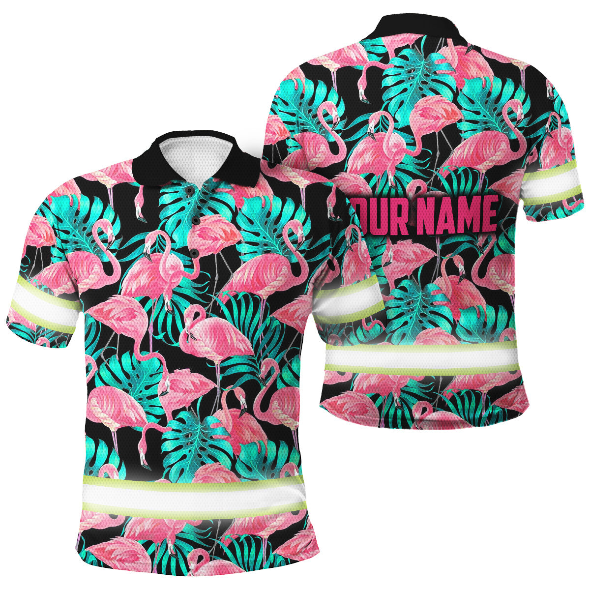 Hi Vis Polo Shirts Reflective Tapes Pink Flamingo Flower Hawaiian Custom Name Safety Workwear