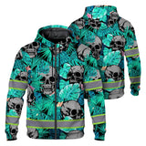 Reflective Hi Vis Mint Neon Skull Zip Hoodie - Safety Workwear