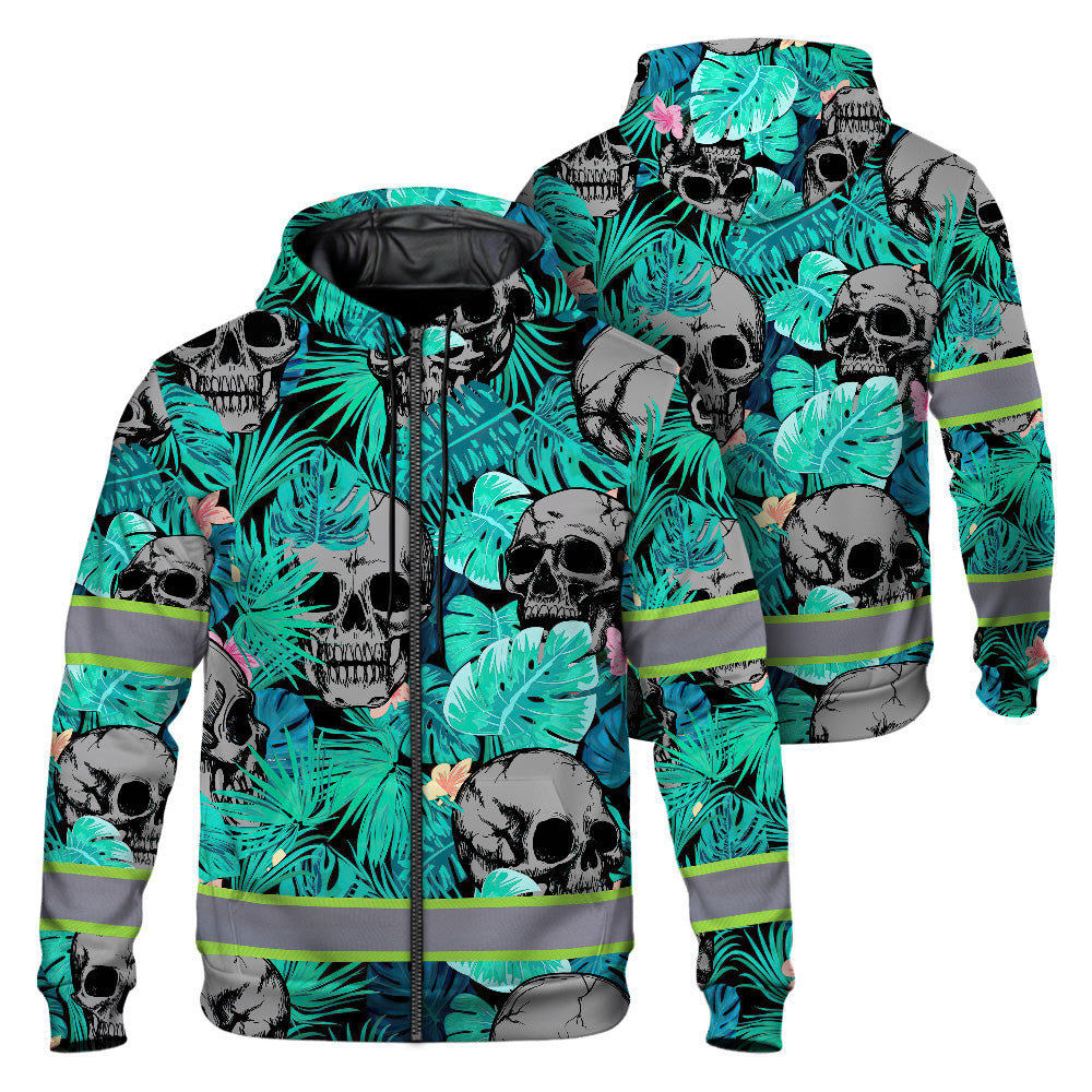 Reflective Hi Vis Mint Neon Skull Zip Hoodie - Safety Workwear
