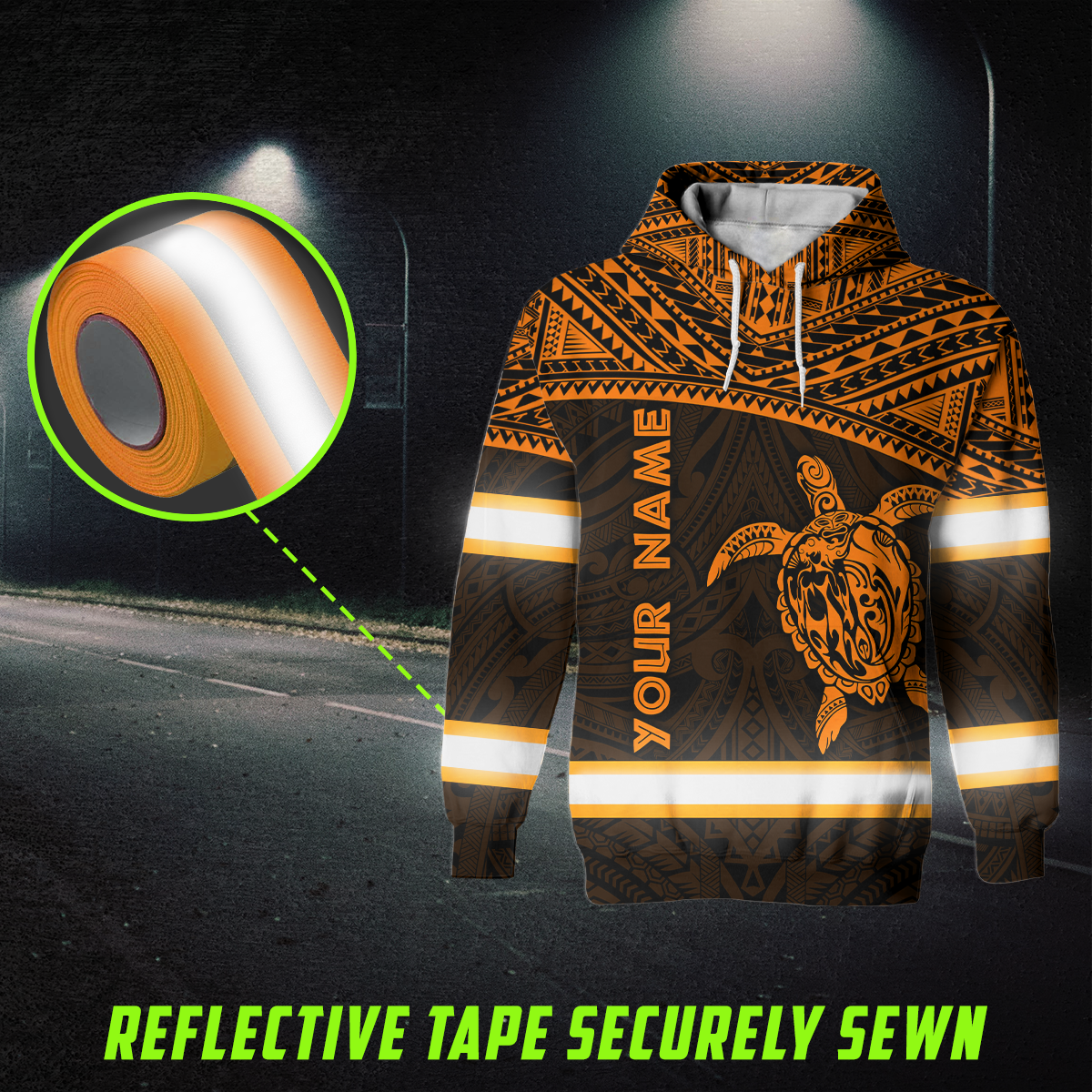 Hi Vis Hoodie Reflective Tapes Orange Turtle Hawaiian Polynesian Tribal Custom Name Safety Workwear