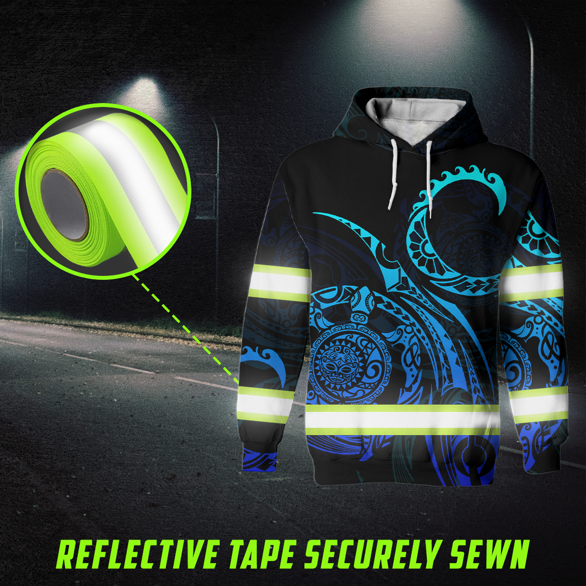 Hi Vis Hoodie Reflective Tapes Gradient Turtle Hawaiian Polynesian Tribal Custom Name Safety Workwear