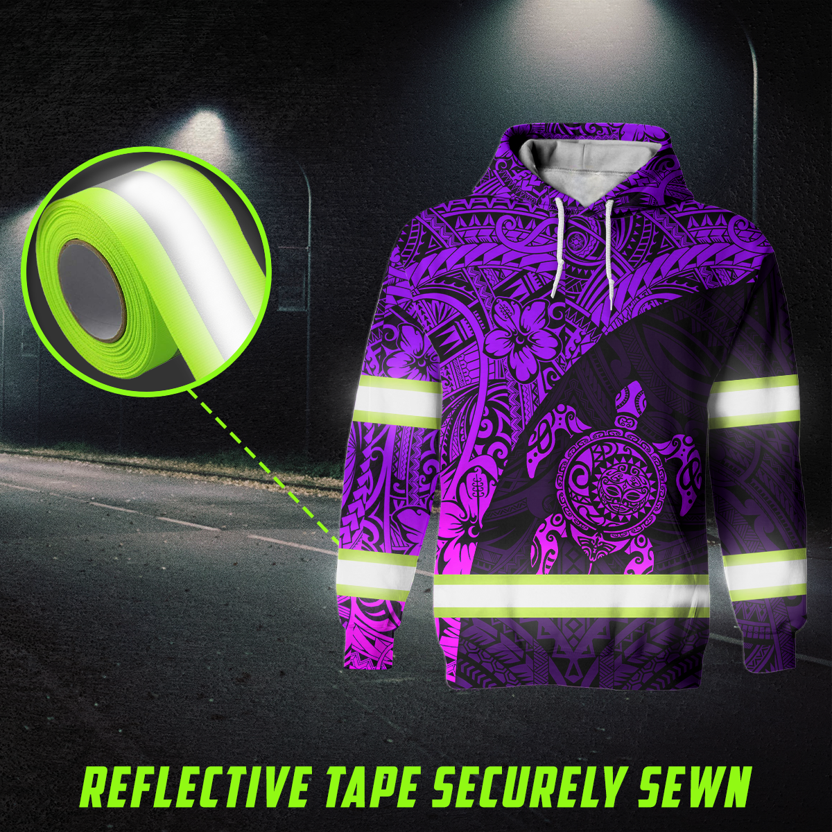 Hi Vis Hoodie Reflective Tapes Violet Neon Turtle Hawaiian Polynesian Tribal Custom Name Safety Workwear