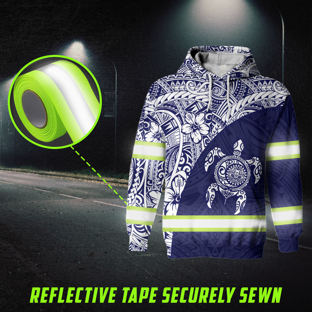 Hi Vis Hoodie Reflective Tapes Blue White Turtle Hawaiian Polynesian Tribal Custom Name Safety Workwear