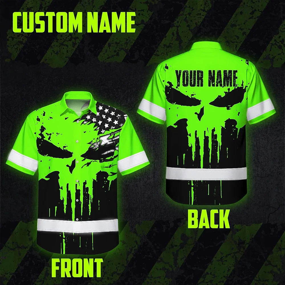 Custom Hi Vis Hawaiian Shirt Featuring Skull Scratch US Flag And Personalized Name For Work Safety Workwear